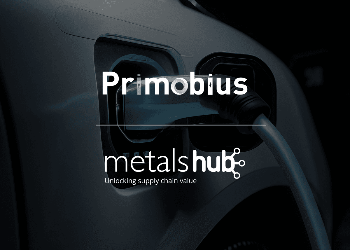 The logos of Primobius and Metalshub over a darkened EV charging background