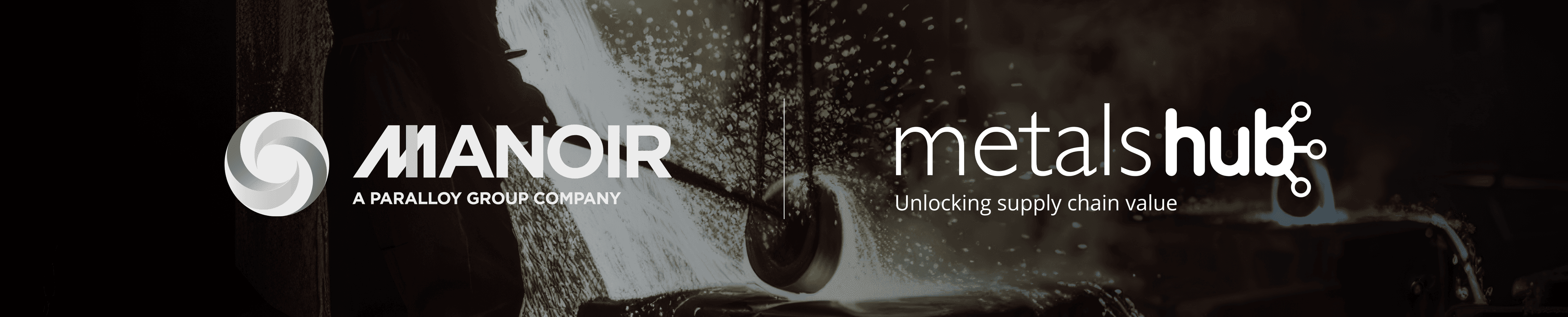 The logos of Manoir and Metalshub side by side over a darkened industrial background