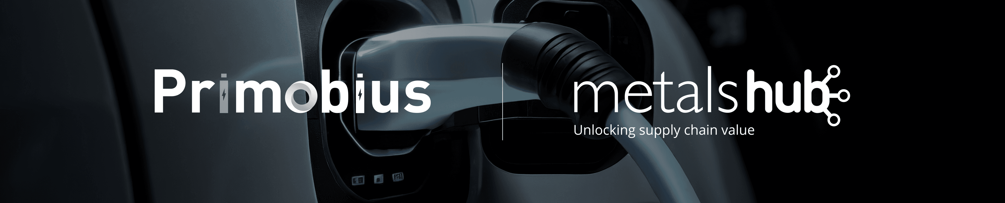 The logos of Primobius and Metalshub side by side over a darkened EV charging background