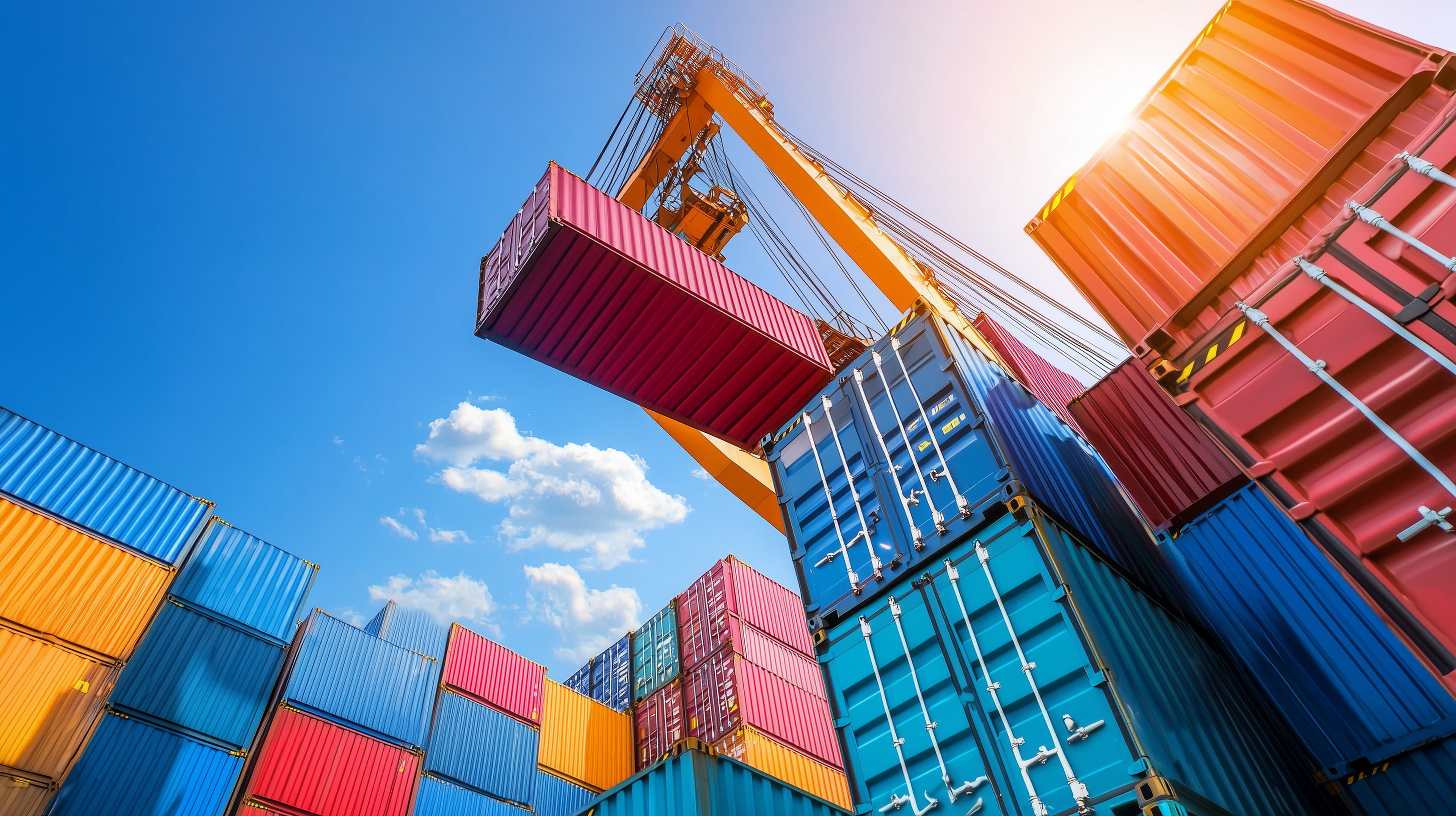 Stacked containers with one container carried by a crane