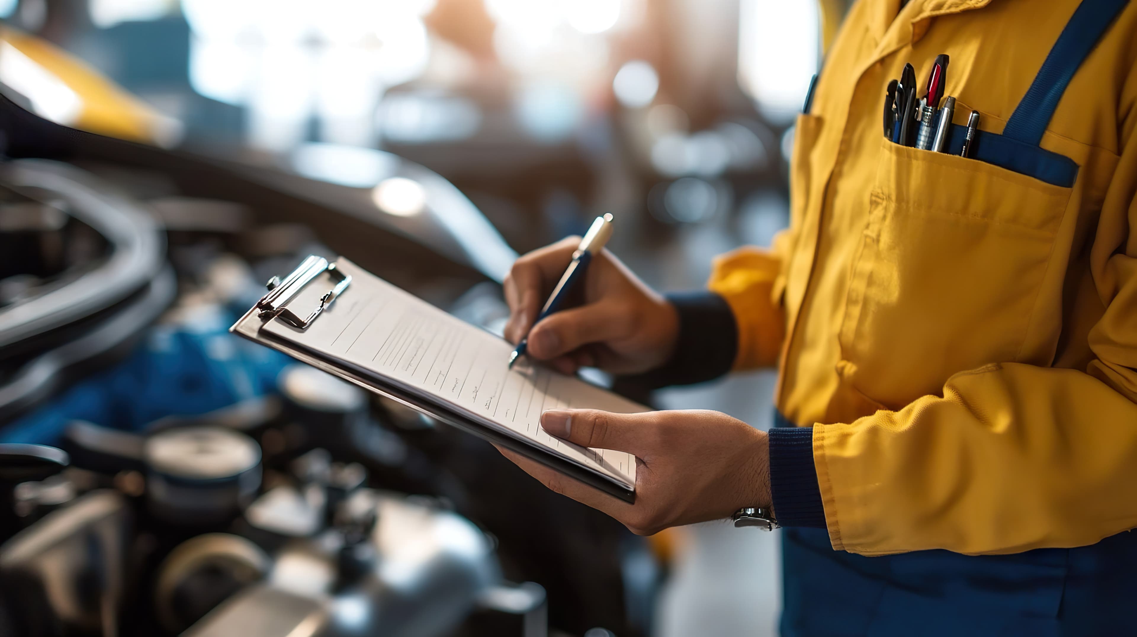 Factory worker writing on a clipboard