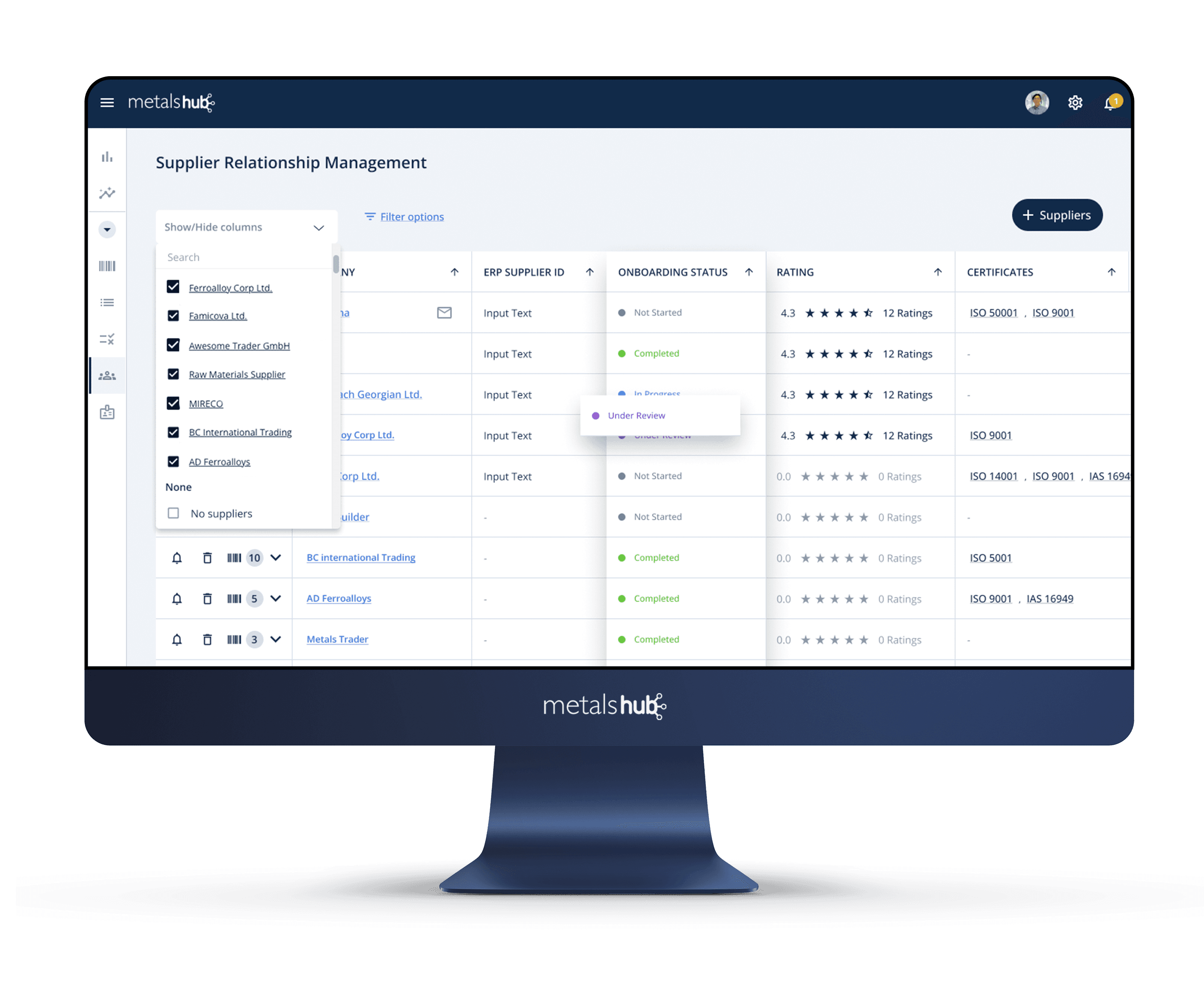 Screen showing Metalshub platform, in particular its Supplier Relationship Management solution