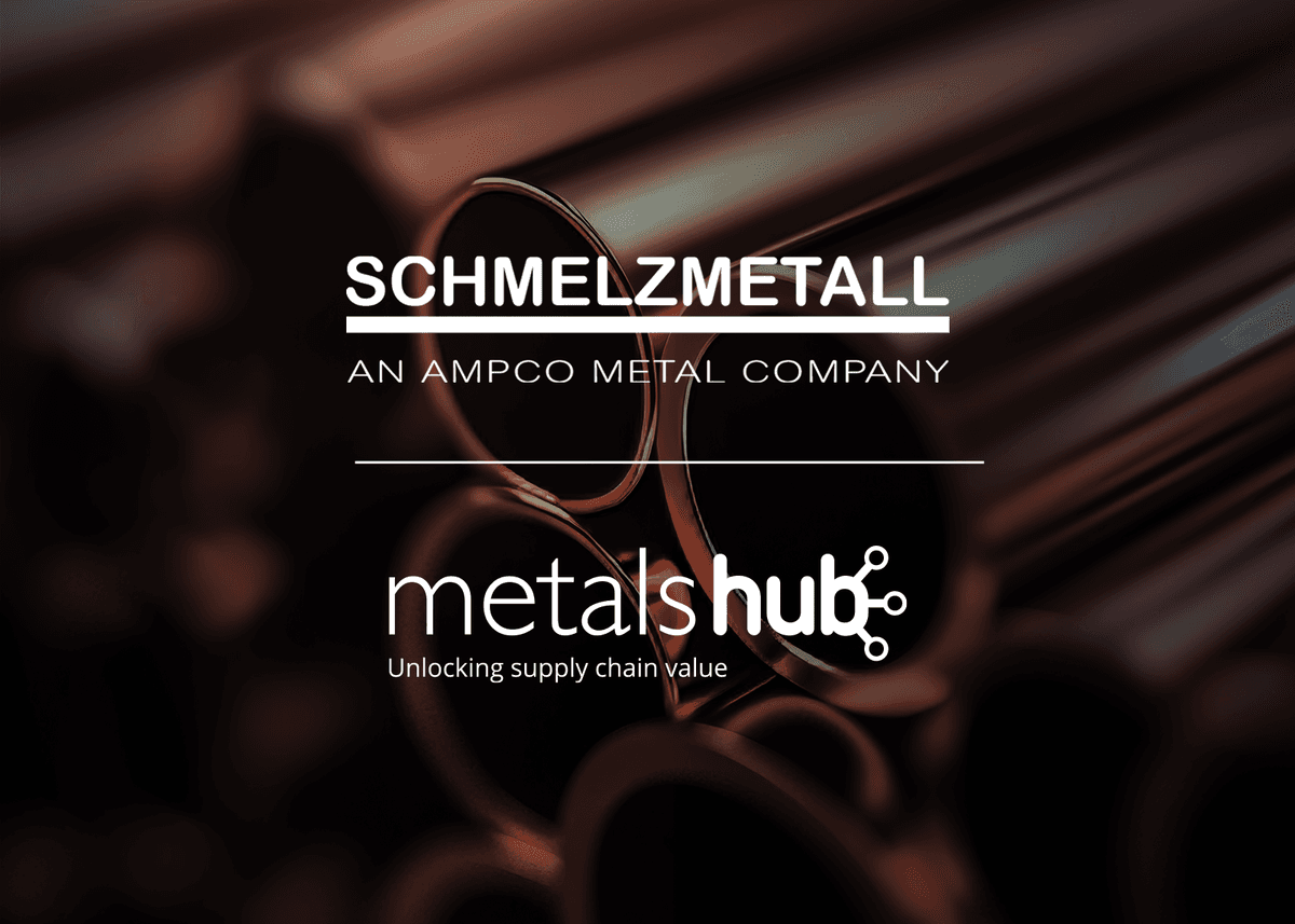 Schmelzmetall logo and Metalshub logo overlaid on a darkened background of copper rods