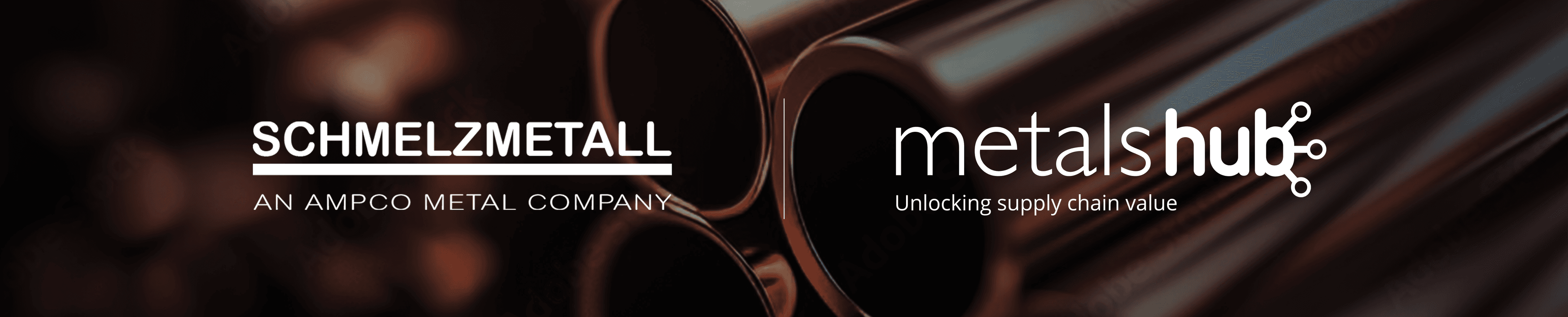 Schmelzmetall logo and Metalshub logo overlaid on a darkened background of copper rods