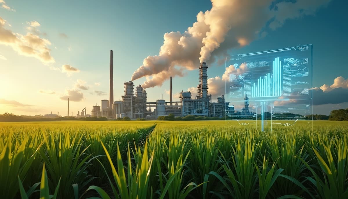 A factory in the background of a green field with an overlaid digital screen illustrating the collaboration between digitalisation and sustainability