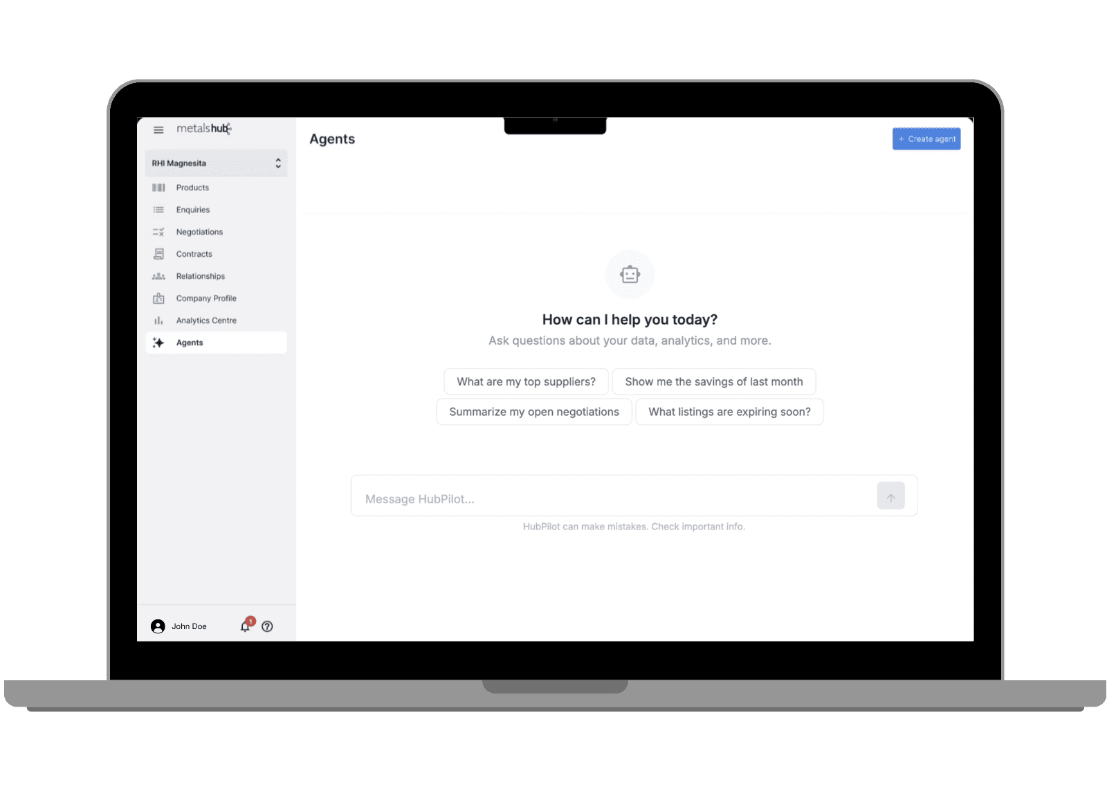 Metalshub AI platform showing the AI agent asking what task to do next