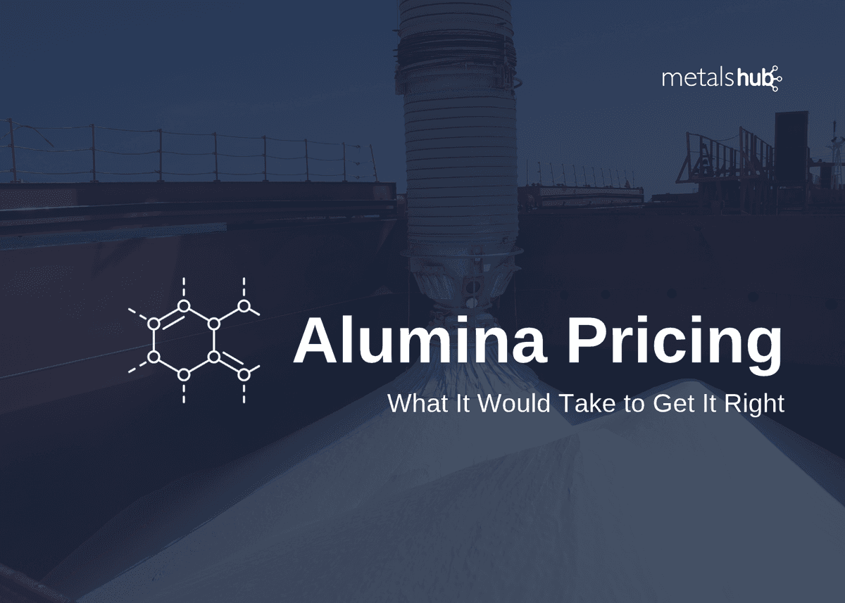 Alumina pricing headline with an alumina chemical structure overlayed on a darkened background of alumina poured in a large shipping container