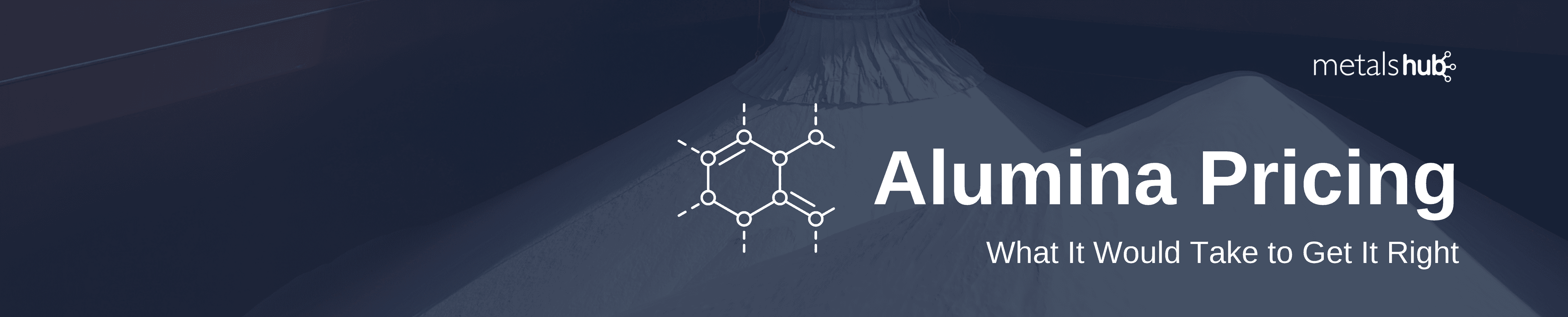 Alumina pricing headline with an alumina chemical structure overlayed on a darkened background of alumina poured in a large shipping container